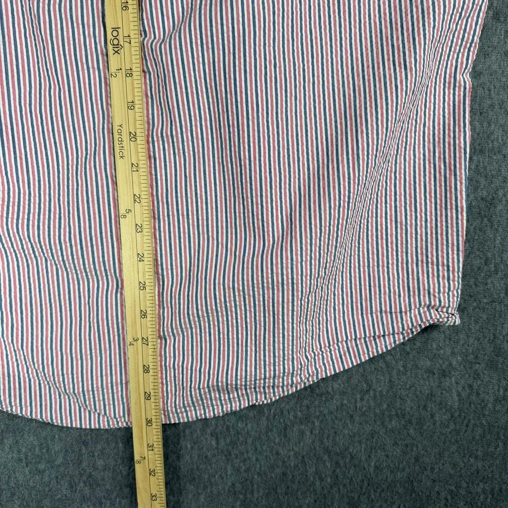 Brooks Brothers Shirt Mens L 346 Pink White Blue Seersucker Striped Short Sleeve